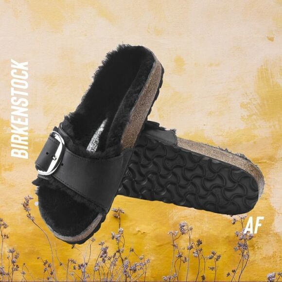 BIRKENSTOCK MADRID SHEARLING BIG BUCKLE SANDALS BLACK NEW NWT